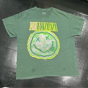 Nirvana Oversized Green Graphic Tee Smiley Face Grunge Band Shirt L